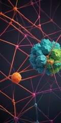Poster - a complex network of interconnected lines and spheres, with the spheres exhibiting a range of vibrant colors including orange, blue, green, and purple.