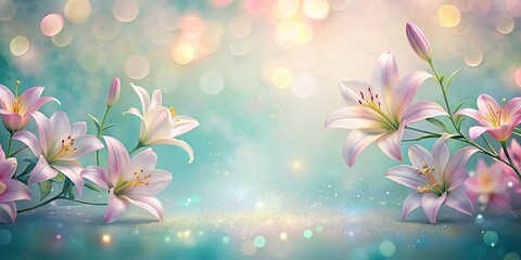 Wall Mural - Fluid pastel backdrop with luminous lilies floating in a whimsical display