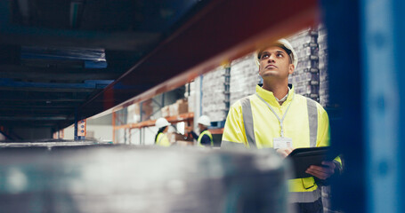 Canvas Print - Logistics, checklist and man with tablet, stock and engineer in warehouse, inventory and shipping. Storage, digital and app for supply chain, online and delivery of cargo, helmet and manufacturing