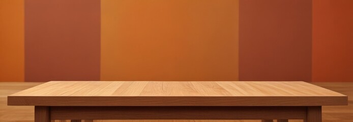 Poster - A wooden table with a simple, unadorned surface sits in a room with orange and brown striped walls.