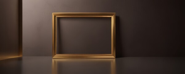 Aufkleber - A golden picture frame stands alone on a reflective surface, its polished surface gleaming under the light, with a dark wall serving as a stark backdrop.
