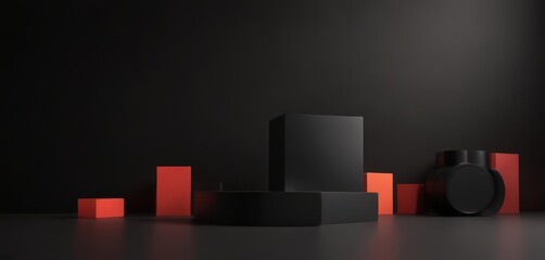 Poster - A minimalist black and red geometric arrangement of cubes and cylinders on a dark background.