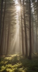 Poster - Sunlight filters through the dense forest, casting a warm glow on the mossy ground and creating a serene atmosphere.