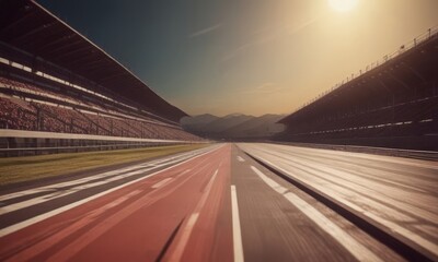 Aufkleber - A long, straight race track with a red center line stretches out into the distance, flanked by empty stands on either side. The sun is setting behind the distant