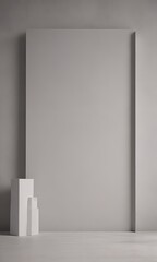 Aufkleber - A minimalist art installation featuring a large white rectangular canvas, two smaller white cubes, and a vertical line against a plain gray wall.