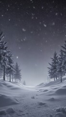 Poster - A snowy winter landscape with a path leading through a forest of snow-covered trees, under a starry night sky.