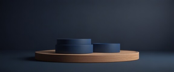 Poster - Three blue cylindrical objects are arranged on a wooden platform against a dark blue background.