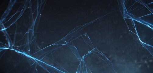 Poster - a close-up view of a spider web, with the web's intricate structure and the blue-green coloration of the silk strands.