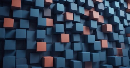 Leinwandbilder - A 3D of a wall composed of numerous cubes in shades of blue and orange, creating a visually striking and abstract pattern.