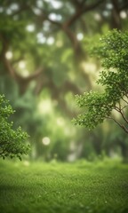 Poster - A lush, verdant landscape with a grassy field and a tree in the foreground, set against a blurred, natural background.