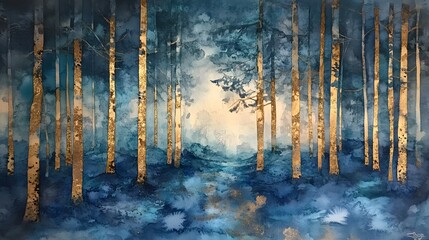 Wall Mural - Abstract Watercolor Painting of a Forest with Golden Trees