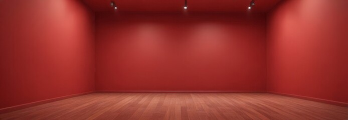 Poster - An empty room with red walls and a wooden floor, illuminated by three spotlights.
