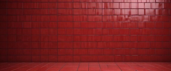 Fototapete - A red tiled wall with a grid pattern, featuring a variety of shades of red tiles, creating a visually striking and uniform appearance.