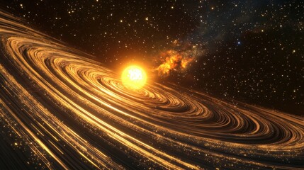 Design a scene of stars in perfect orbit around a radiant sun, their paths creating intricate patterns in the night sky