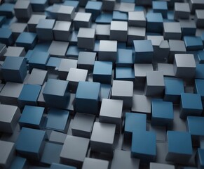 Poster - A 3D of a pattern of blue and gray cubes, with the cubes varying in size and overlapping to create a sense of depth and complexity.