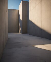Poster - A minimalist architectural scene featuring a series of concrete cubes arranged in a linear fashion, with a clear blue sky visible in the top left corner.