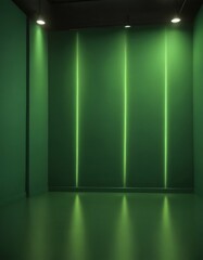 Fototapete - A dimly lit room with green walls and a reflective floor, featuring three vertical light lines on the wall.