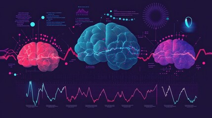 Poster - infographic about brain waves, featuring labeled diagrams of various brain wave types such as alpha, beta, theta, and delta.