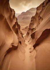 Poster - A narrow passage carved into a red sandstone canyon, with a distant mountain range visible in the background.