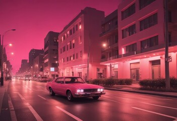 Poster - A pink car drives down a city street at night, with tall buildings and streetlights lining the road.