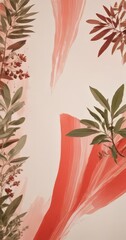 Aufkleber - a vibrant abstract composition with a pinkish-orange background, accented by green leaves and red flowers. The arrangement of the elements creates a sense of movement and dynamism.