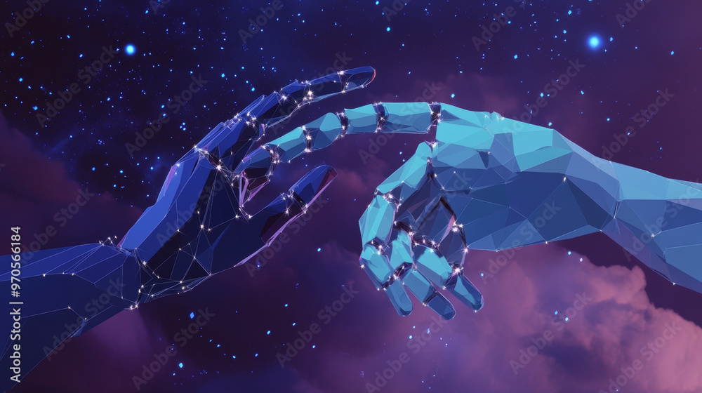 Low poly robot hand reaches out to touch a human hand. This image can ...