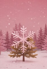 Aufkleber - A snowflake-shaped ornament in pink and white sits atop a small evergreen tree, set against a backdrop of pink and white snowflakes falling from a pink-hued sky.