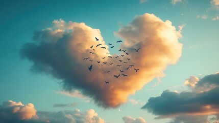 Illustrate a heart-shaped cloud with birds flying around it, adding life and movement to the scene