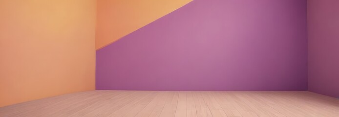 a room with a wooden floor and two walls, one painted in a light orange color and the other in a deep purple color.