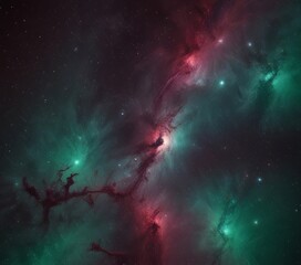 Poster - a vibrant nebula, with swirling clouds of red, green, and blue hues, set against a dark background filled with numerous stars.
