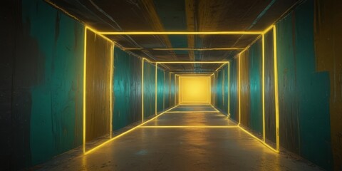 Poster - A long, dimly lit corridor with a yellow line running down the center, leading to a bright light at the end.