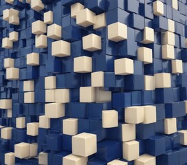 Poster - A 3D of a wall composed of numerous white and blue cubes, creating a visually striking and geometric pattern.