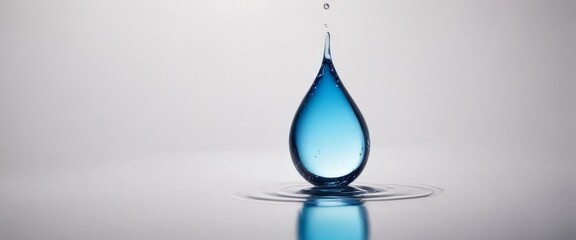 Poster - A single blue water droplet is captured in mid-air, creating a splash on a calm, reflective surface.