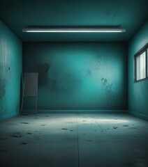 Aufkleber - A dimly lit, empty room with a greenish-blue hue, featuring a whiteboard, a ladder, and a window.
