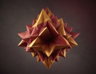 Wall Mural - A 3D of a complex origami structure, composed of numerous triangular pieces in shades of red and gold, set against a dark background.