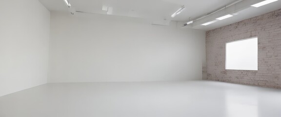 Poster - a spacious, minimalist room with white walls, a large window, and a brick wall on the right side.
