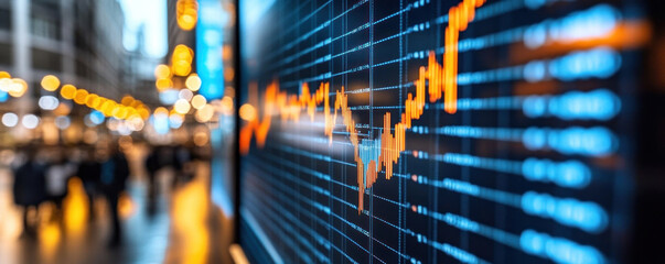 Poster - A stock market graph with a lot of red and orange lines. The graph is on a screen in a city