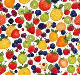 Poster - A vibrant and playful pattern of various fruits, including strawberries, blueberries, raspberries, kiwi, oranges, and apples, against a white background.