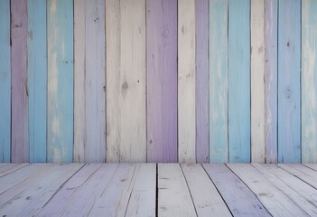 Poster - A wooden floor with a backdrop of vertical wooden planks in pastel blue, white, and purple colors.