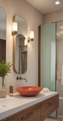 A modern bathroom features a white countertop with a large orange bowl sink, flanked by two wall sconces and a large mirror. A glass shower door is visible in the background,