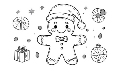 Coloring book page of cute gingerbread with Santa hat and a bow tie. Christmas black and white outline illustration isolated on white background for kids coloring ready for print. 