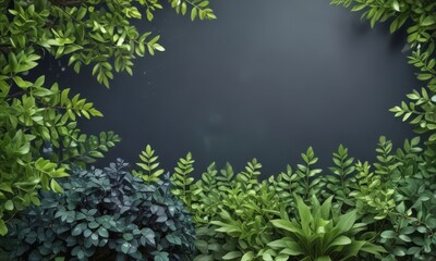Aufkleber - A lush, verdant garden scene with a dark background, featuring a variety of green foliage and a small shrub.