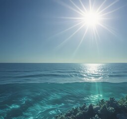 Poster - A serene ocean scene with a bright sun shining in the clear blue sky, casting a warm glow on the water and coral reef below.
