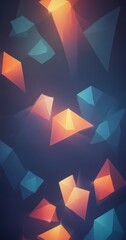 Poster - a vibrant abstract composition of overlapping triangular shapes in various shades of orange, blue, and green, creating a dynamic and visually striking pattern against a