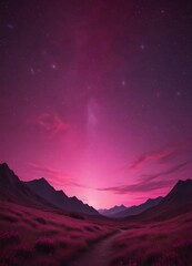 Poster - A serene landscape at sunset, featuring a winding path leading through a field of purple flowers, with mountains in the distance and a starry sky above.