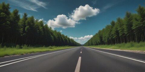 A long, straight road stretches through a lush, green forest, flanked by tall trees on both sides. The sky above is a clear blue, dotted with fluffy white clouds.