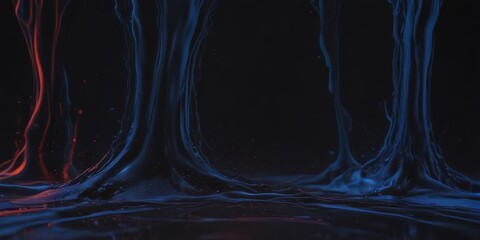 Aufkleber - a dark, abstract scene with a central, vertical column of blue liquid that appears to be dripping or flowing, surrounded by red and orange streaks or lines. The background