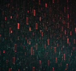 Poster - a dense, abstract pattern of red and black rectangular shapes, resembling a cityscape or a digital interface, with some areas appearing to be illuminated or glowing.