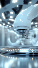 Poster - A robot is being built in a factory. The robot is white and has a long arm. The factory is brightly lit and the robot is the main focus of the image. Scene is futuristic and industrial