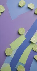 Aufkleber - A collection of lime slices arranged on a vibrant purple and blue abstract background.